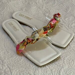 Cape Robbin White Pink Fabric Tie Slide Sandals Sz 7 Clear Strap Gold Chain